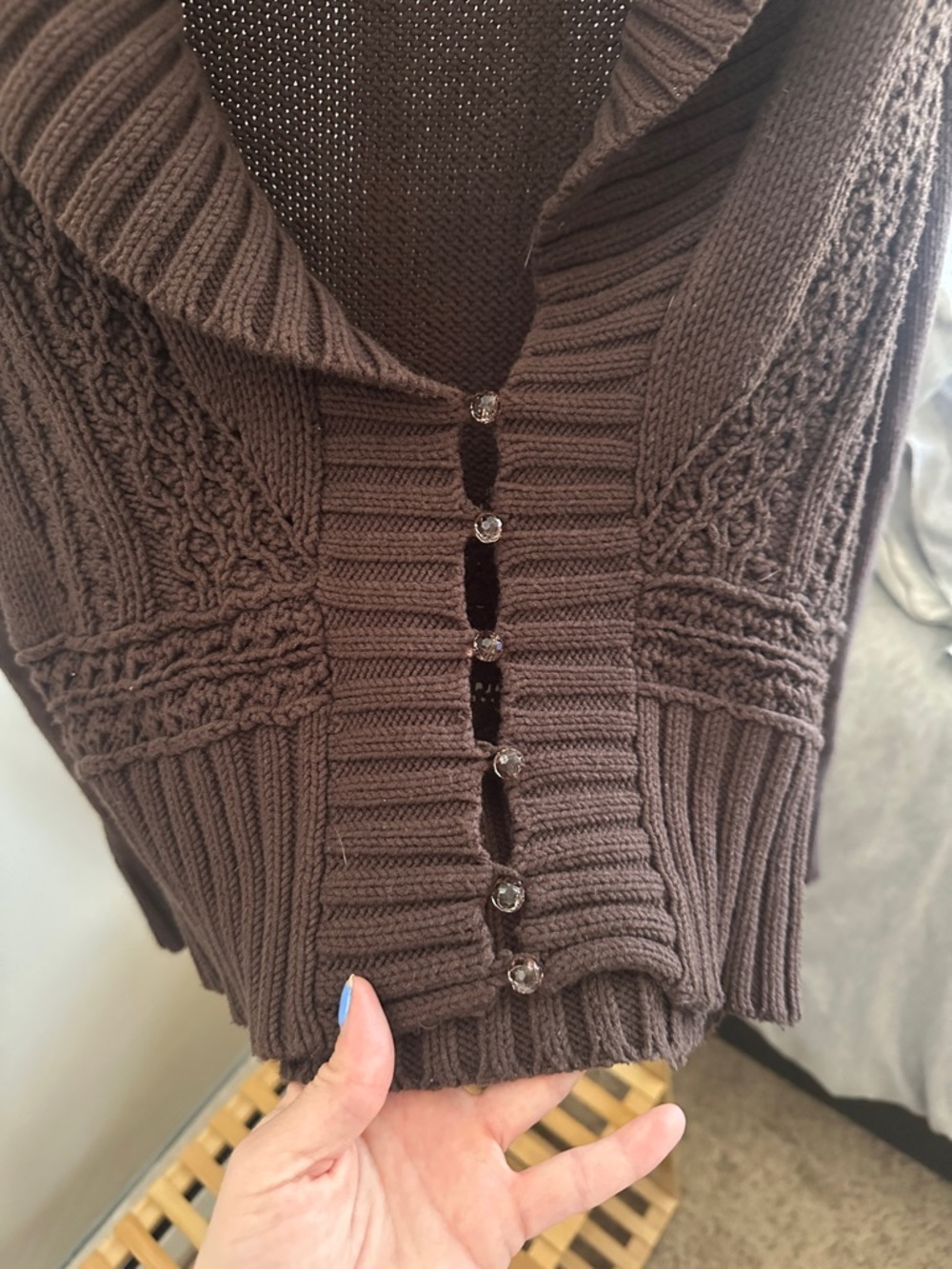 Vintage Free People Chocolate Brown Shawl Collar Button-Front Women’s Sweater - Picture 2 of 5